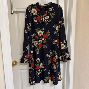 Acevog Floral Long Sleeve Dress - navy blue with Red and White Flowers